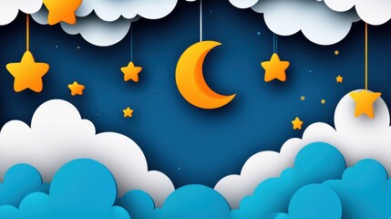 Creative Illustration of a Crescent Moon Surrounded by Stars and Clouds on a Dark Background Perfect for Kids Rooms or Night-themed Designs