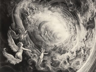 A celestial scene depicting angels in a swirling cosmic vortex.