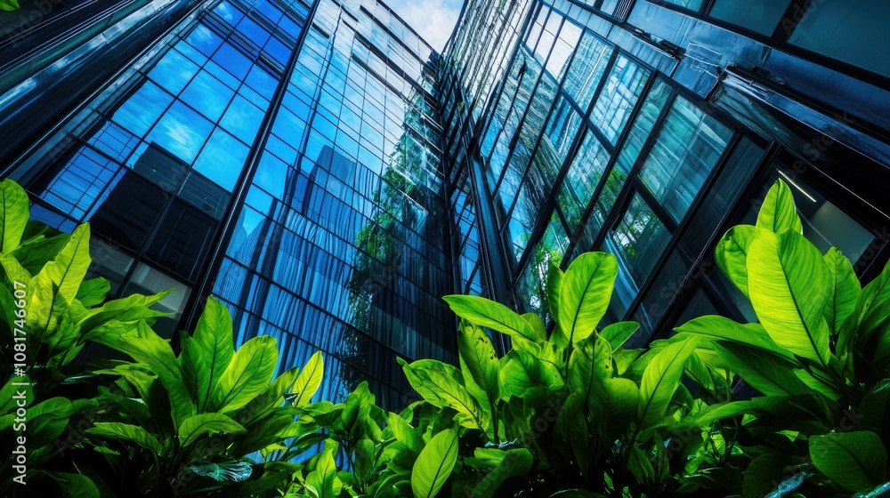 Poster architecture image with a modern glass building with a lot of green plants
