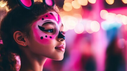 A young girl with colorful face paint and bunny ears gazes thoughtfully at a vibrant, illuminated backdrop filled with soft, glowing lights.