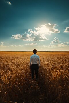 The figure stands alone in towering wheat, looking towards a vibrant sunset that casts warm light over the landscape, evoking a sense of reflection and tranquility