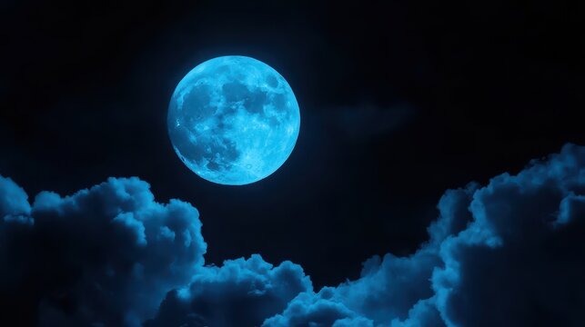 A mesmerizing blue moon shines brightly amidst dark, wispy clouds, creating a serene and enchanting night sky scene.
