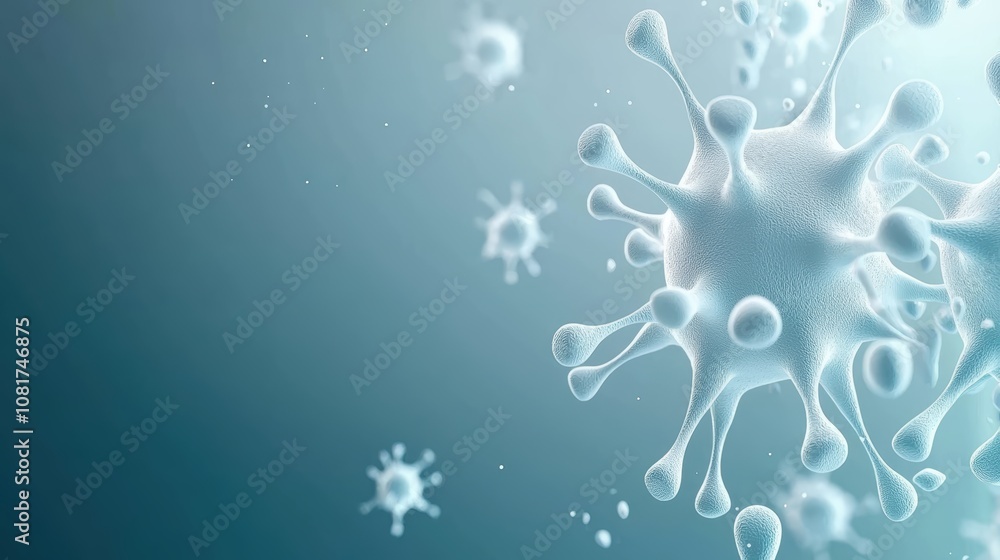 Poster a close-up view of stylized virus particles displayed against a soft gradient background, illustrati