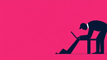 Minimalist illustration shows focused professional in suit, hunched over desk against vibrant pink background.