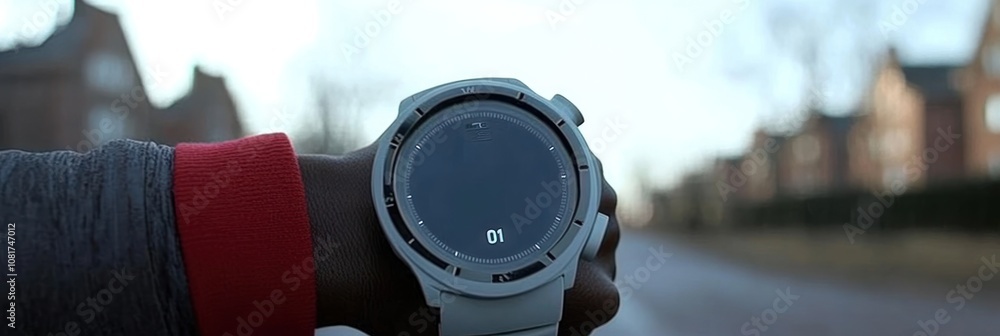 Poster a close-up of a smartwatch displaying a timer on a wrist against a blurred street background.