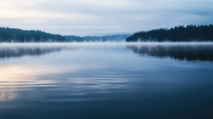 Fototapeta premium Serene landscape calm lake nestled among misty hills and evergreen trees. soft early light reflects on the water, enhancing the tranquil ambiance. perfect for nature projects.