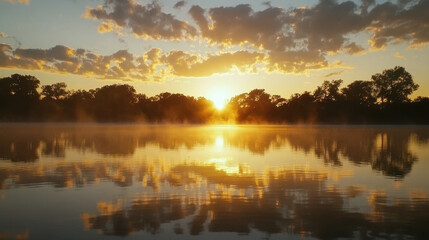 Obraz premium Serene sunrise casts warm orange and gold hues over tranquil water surface, with mist rising and reflections of lush greenery, perfect for wellness and relaxation themes.