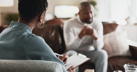 Psychologist, client and notes in office, mental health and grief therapy with support....