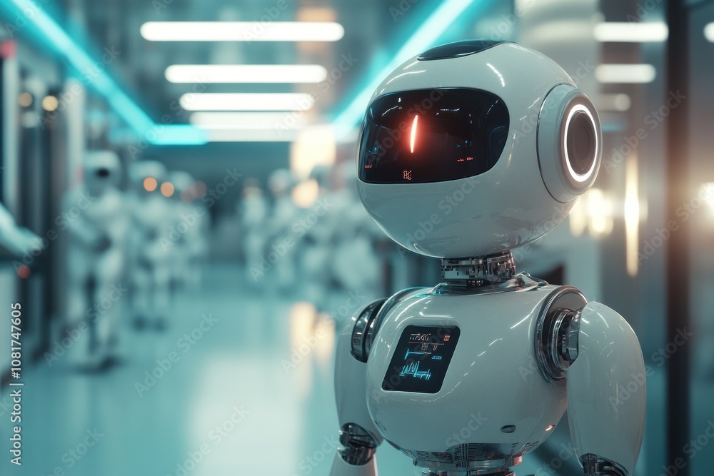 Poster a futuristic robot stands in a room with other robots.