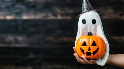 Whimsical halloween scene playful ghost in sparkling silver hat, holding carved pumpkin. dark wooden planks enhance the festive atmosphere, ideal for seasonal promotions.