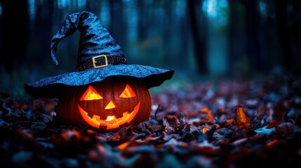 Whimsical halloween scene glowing jack-o'-lantern in witch hat, with cheerful expression. nestled among autumn leaves, set against shadowy trees, creating mysterious atmosphere.