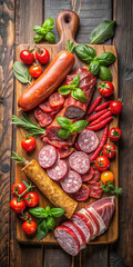 A charcuterie board filled with an assortment of meats, fresh vegetables, and herbs. Ideal for food photography, menus, and culinary art visuals.