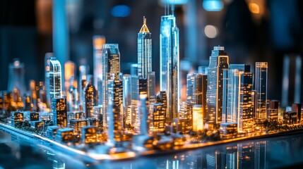 A construction model of a futuristic city with high-rise buildings and smart city technology, representing sustainable urban growth