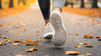 Female runner in grey leggings on an autumn path