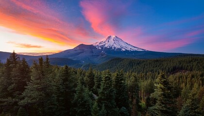 Fototapeta premium Snow-Capped Volcano Towering Over a Serene Valley, Captured at Sunset With Vibrant Orange and Pink Hues in the Sky, Surrounded by a Dense Pine Forest for a Stunning Nature Landscape
