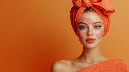 A beautiful young woman wearing a sheet facial mask on a colorful background Panorama view