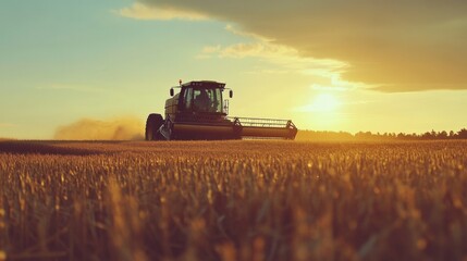Fototapeta premium The sun sets over a vast golden wheat field as a farmer skillfully operates a modern harvester, gathering the crops in autumn