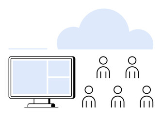 Monitor with partitioned screen, six user icons in front of blue cloud. Ideal for teamwork, remote work, cloud services, online meetings, remote learning, digital collaboration, networking. Line