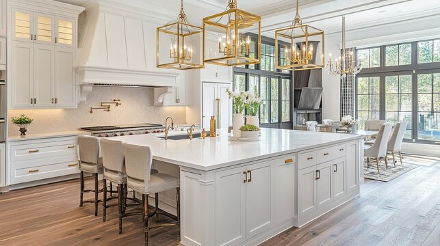 Luxury kitchen with a classic white and gold color scheme, chandelier lighting, and large island,