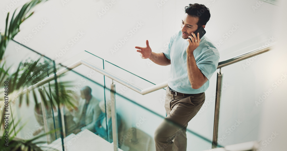 Poster Break, phone call and stairs with business man in office for communication, conversation or project update. Discussion, explain and negotiation with happy employee on steps in workplace from above