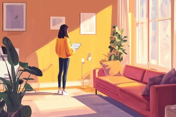 Flat illustration of a woman standing in her living room, checking documents while working remotely