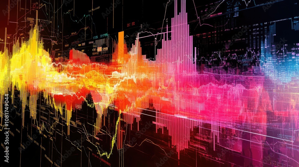 Poster abstract depiction of financial graphs and charts in neon colors