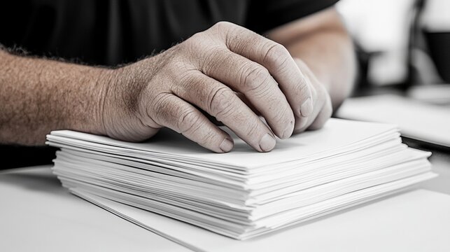 Close-up of a hand resting on a large stack of documents or paperwork in a monochromatic, corporate setting, indicating work, organization, or thorough review.