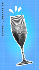 Pop art halftone collage with Champagne glass. Vector illustration.