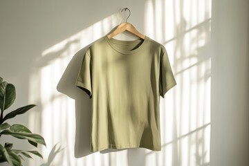 A sage plain t-shirt for a mockup hanging on a hanger in a cozy room setting.
