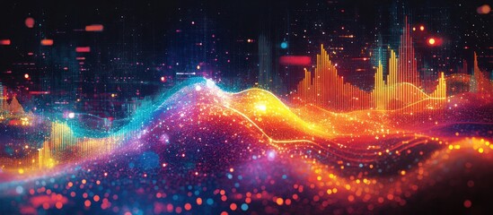 Abstract digital landscape with vibrant colors and glowing particles, creating a futuristic and dynamic scene.