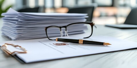 Black reading glasses rest atop a neatly stacked document with a corporate emblem, accompanied by a stylish pen, conveying professionalism, focus, and attention to detail in a work environment.
