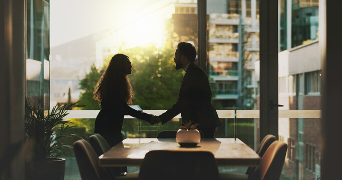 Business, people and handshake for meeting in office of partnership, introduction and interview success. Staff, greeting and agreement respect for promotion deal, onboarding offer and b2b opportunity
