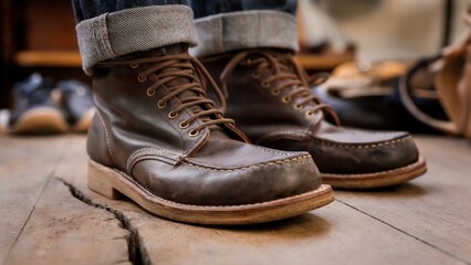 A man's feet wearing a pair of worn-out boots