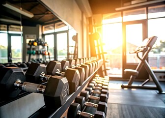 Fototapeta premium Gym Double Exposure Sunrise Weights