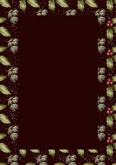 Decorative holiday-themed border design with festive leaves and berries on a dark backdrop