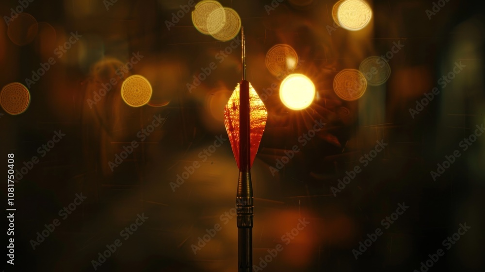 Poster a single arrow with a red fletching is in focus with a blurry background of city lights.
