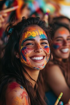 Mujer sonriente con pintura facial colorida en una celebraci&oacute;n festiva