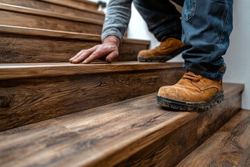 A person installing handrails on their stairs. They are ensuring the stairs are safe for everyone in the home