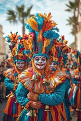 Fototapeta premium Artistas con trajes de plumas vibrantes en un desfile callejero de carnaval