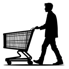 Young person silhouette pushing a shopping cart with a casual mood without background