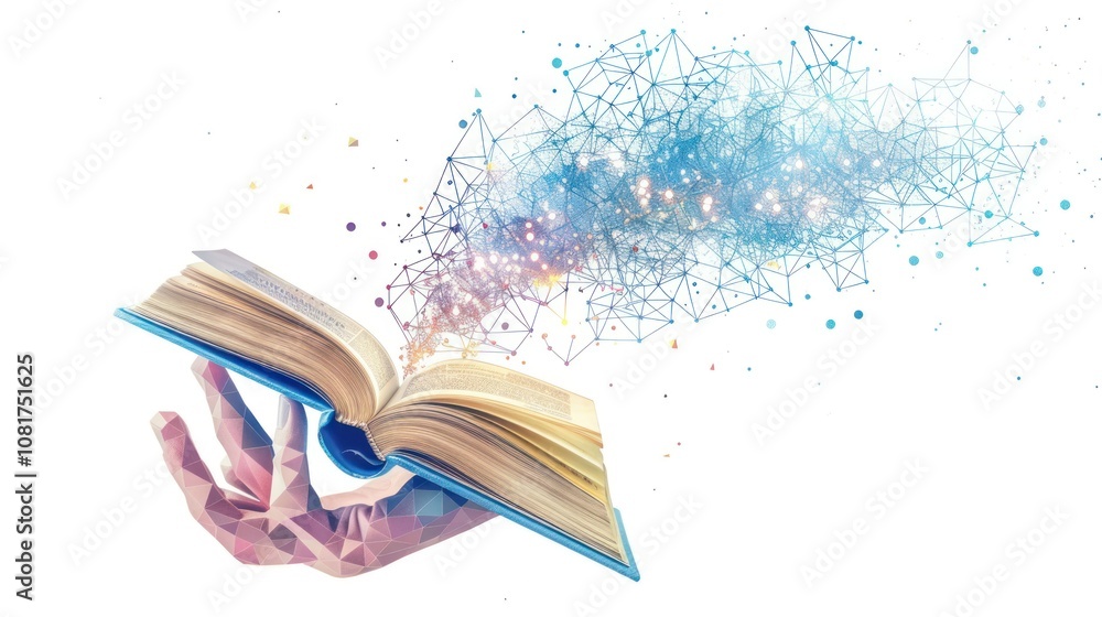 Poster open book with digital network connections flowing out of its pages.