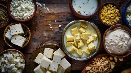 Paneer selection on a rustic tabletop closeup of milk products