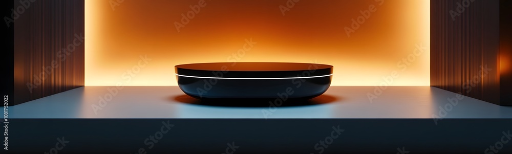 Poster 70. a sleek podium with a high-gloss black surface, surrounded by soft ambient light, creating an op