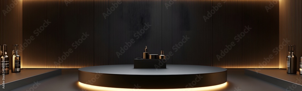 Poster 70. a sleek podium with a high-gloss black surface, surrounded by soft ambient light, creating an op