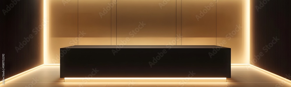 Poster 70. a sleek podium with a high-gloss black surface, surrounded by soft ambient light, creating an op