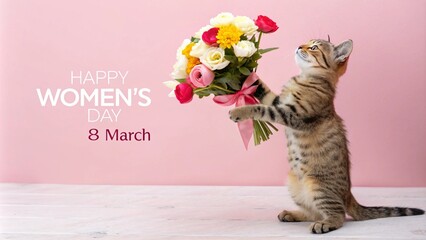 Celebrating international women's day with cute tabby cat and colorful bouquet - march 8