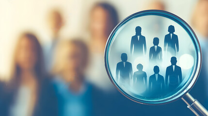 Group of diverse professionals under magnifying glass