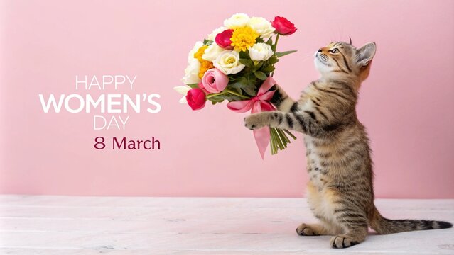 Celebrating international women's day with cute tabby cat and colorful bouquet - march 8