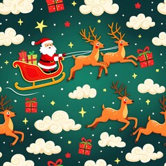 Naklejka premium Jolly Sleigh Ride Santa, Reindeer, and Gifts in a Colorful Christmas Scene