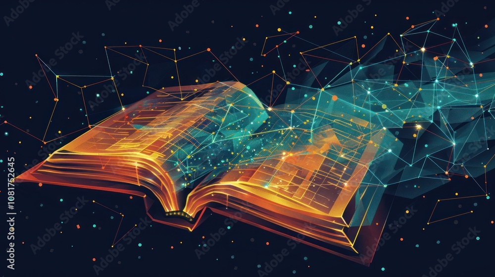 Poster a glowing, open book with abstract geometric patterns and connections, representing knowledge and in
